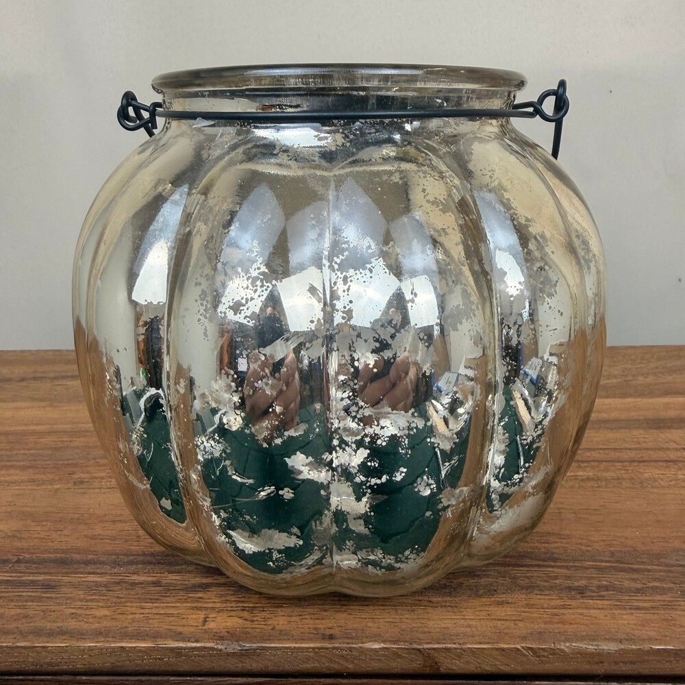 Mercury Glass Pumpkin Candle Holder with Black Metal Handle Distressed Silver